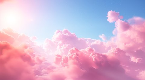 朝の優しい光に包まれたピンク色の雲と青空のAI画像