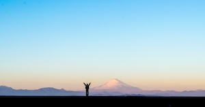 新年の富士山をバックに両手をあげる女性のシルエット
