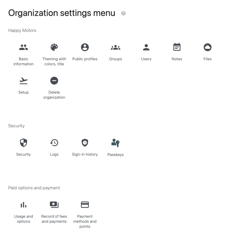 The organization settings menu