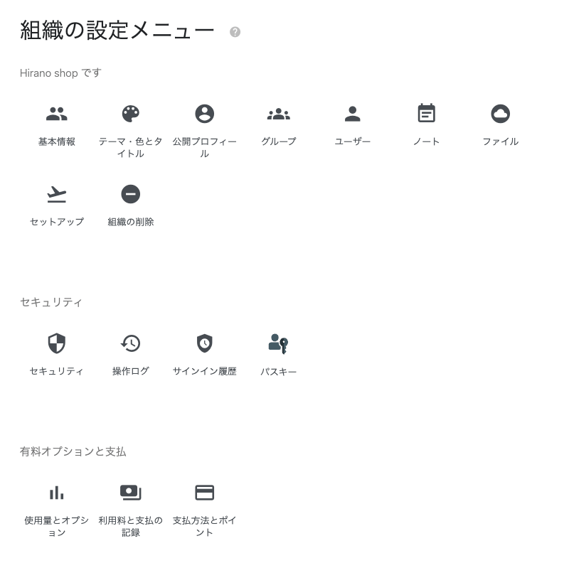 組織の設定メニューの図