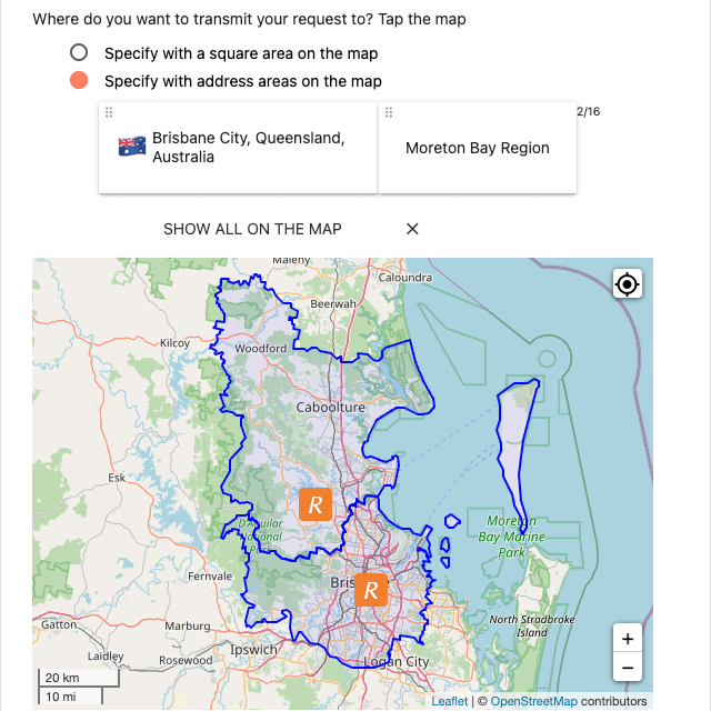 Screenshot of specifying areas with addresses